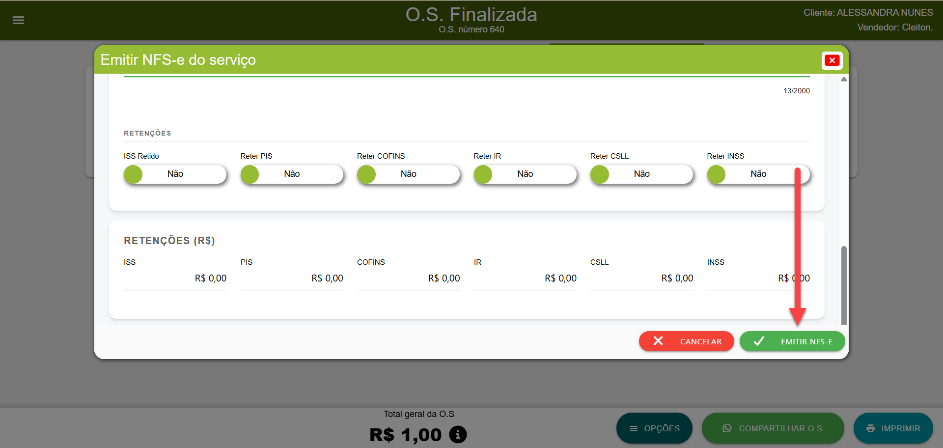 Tela de emissão de NFS-e do SMB Store Online, exibindo o botão “Emitir NFS-e” para finalizar o envio da nota.