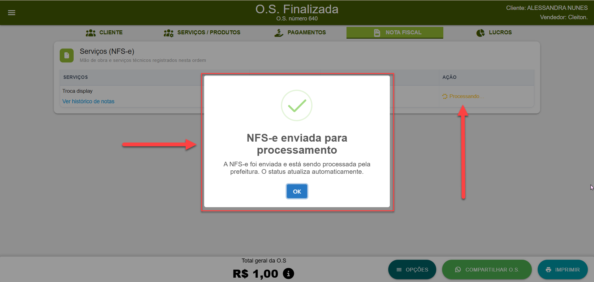 Mensagem de confirmação do SMB Store Online informando que a NFS-e foi enviada para processamento pela prefeitura, com atualização automática do status após o processamento da nota fiscal de serviço.