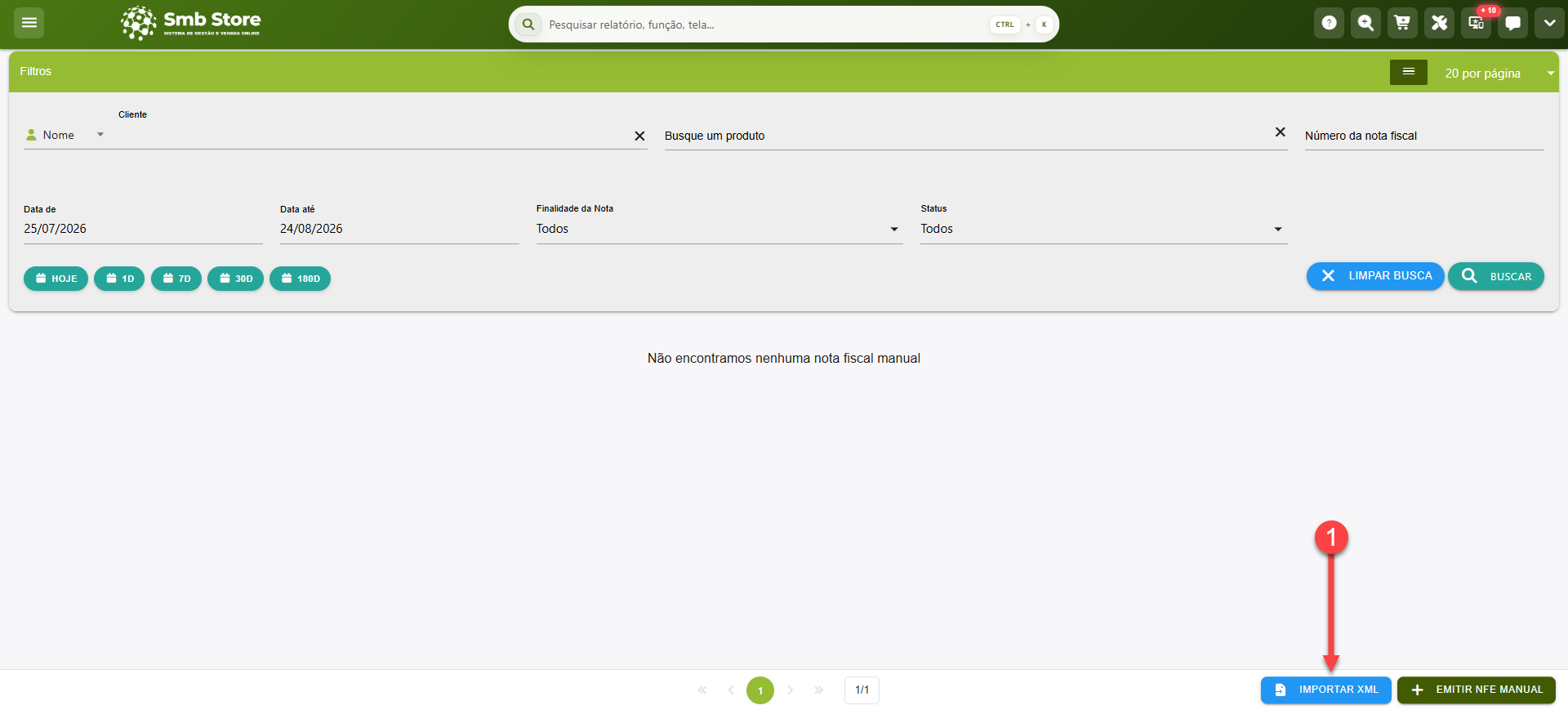 Tela do sistema SMB Store indicando o botão para importação de XML para a emissão de uma nota fiscal manual, em Módulo fiscal > NF-e Manual.