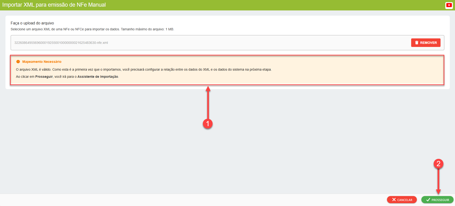 Tela do sistema SMB Store indicando o mapeamento de informações de uma nota XML prestes à ser importada, em Módulo fiscal > NF-e Manual.