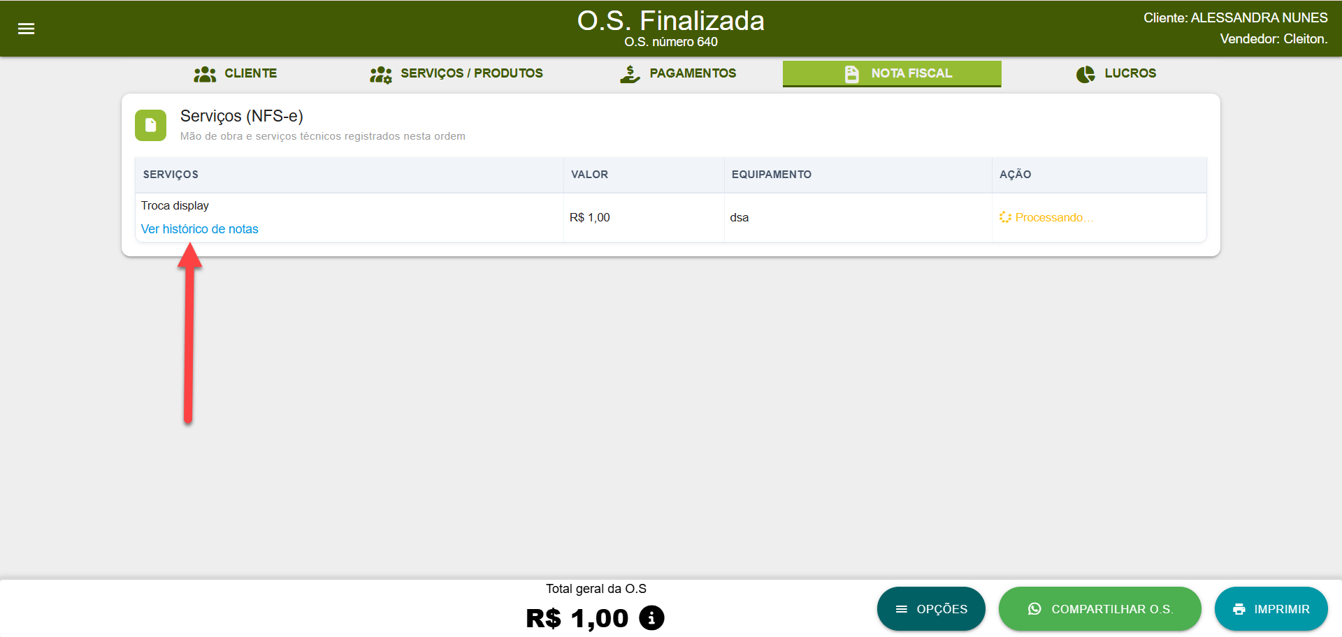 Tela de nota fiscal da Ordem de Serviço no SMB Store Online após o envio da NFS-e, destacando a opção "Ver histórico de notas"