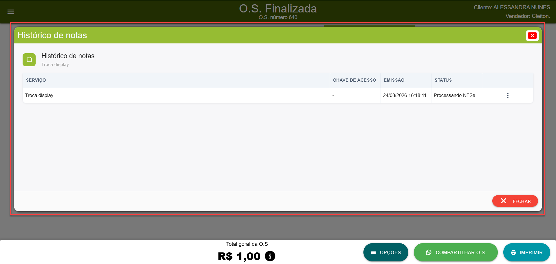 Tela de histórico de notas fiscais dentro da Ordem de Serviço exibindo a nota fiscal com seu status atualizado.
