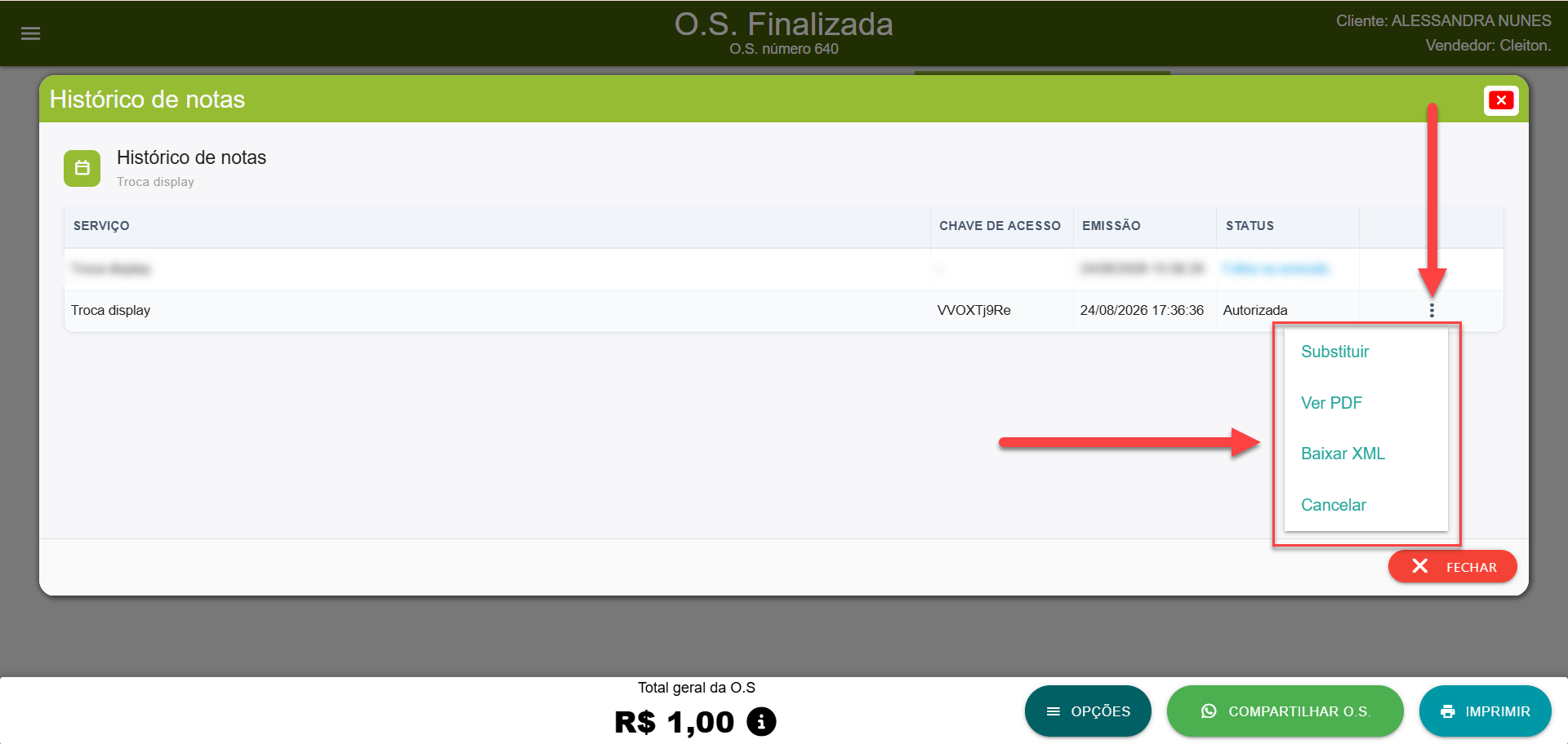 Tela de histórico de notas fiscais de serviço no SMB Store Online, exibindo a NFS-e emitida com status autorizado. O menu de ações apresenta opções como substituir, visualizar PDF, baixar XML e cancelar.
