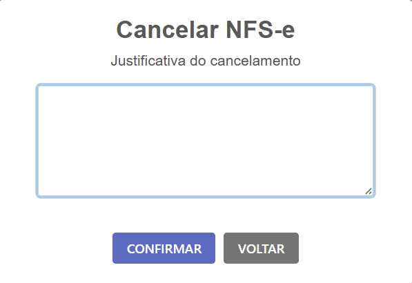 Tela de cancelamento de NFS-e no SMB Store Online, exibindo o campo para inserir a justificativa do cancelamento da nota fiscal de serviço e os botões para confirmar ou voltar.
