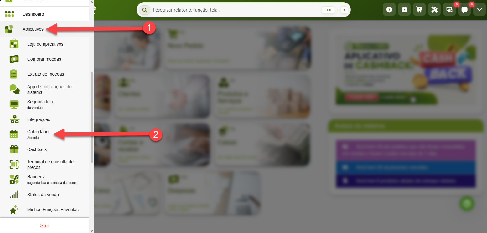 Menu lateral do SMB Online com a seção Aplicativos aberta e destaque para a opção Calendário/Agenda.