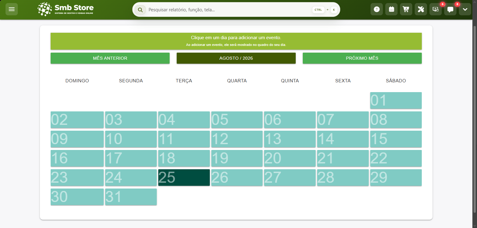 Tela do Calendário/Agenda no SMB Online exibindo o mês atual, com os dias disponíveis para adicionar e visualizar eventos.