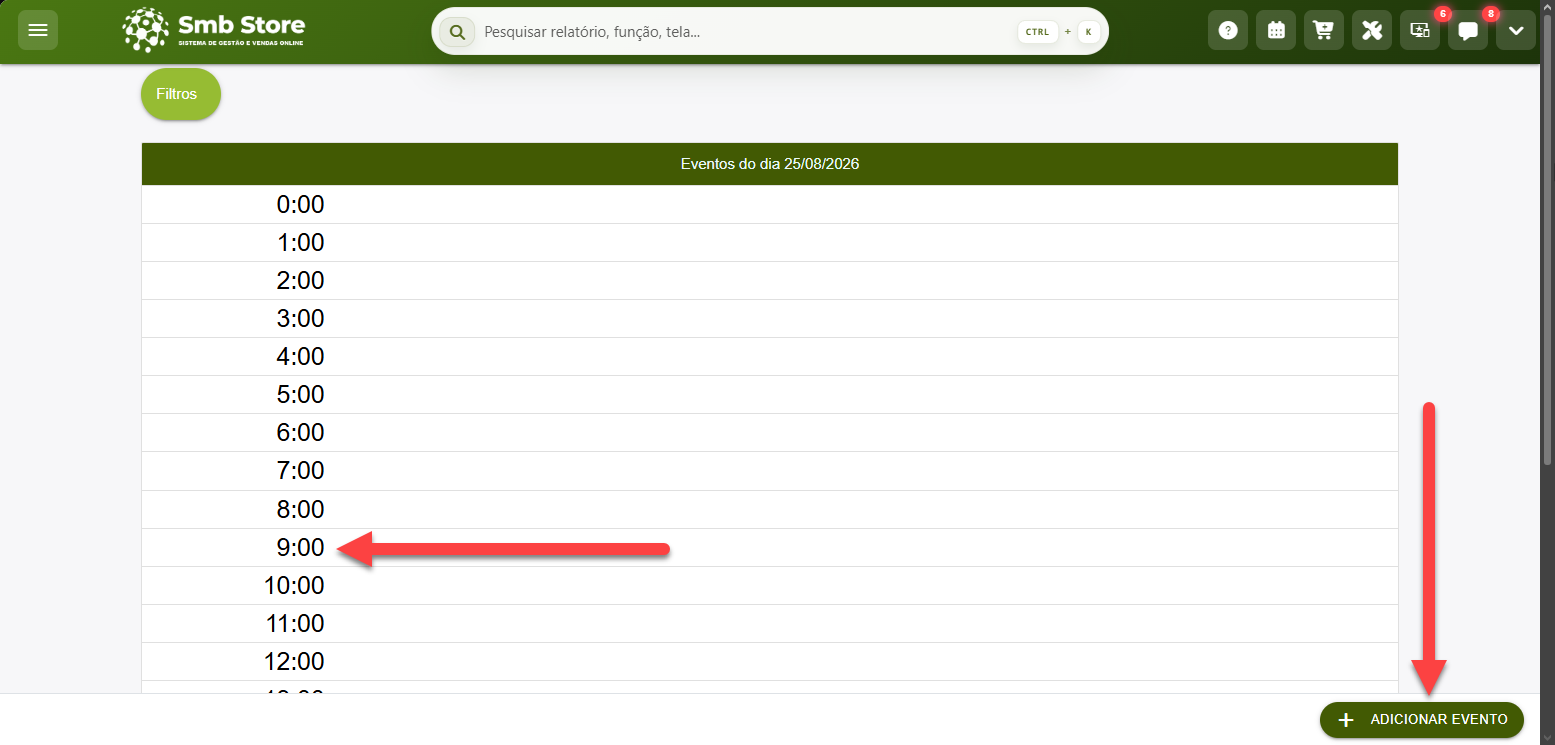 Tela da agenda do SMB Online com os horários do dia exibidos e destaque para adicionar um novo evento em um dos horários e destaque para o botão "Adicionar evento".