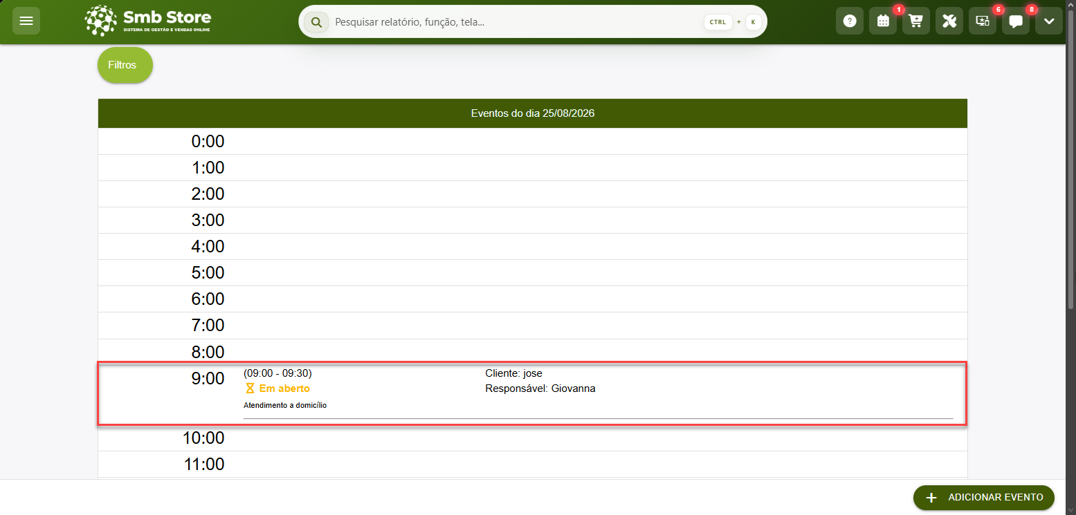 Agenda diária do SMB Online mostrando um evento das 9h às 9h30, com cliente, responsável, descrição e status do atendimento.