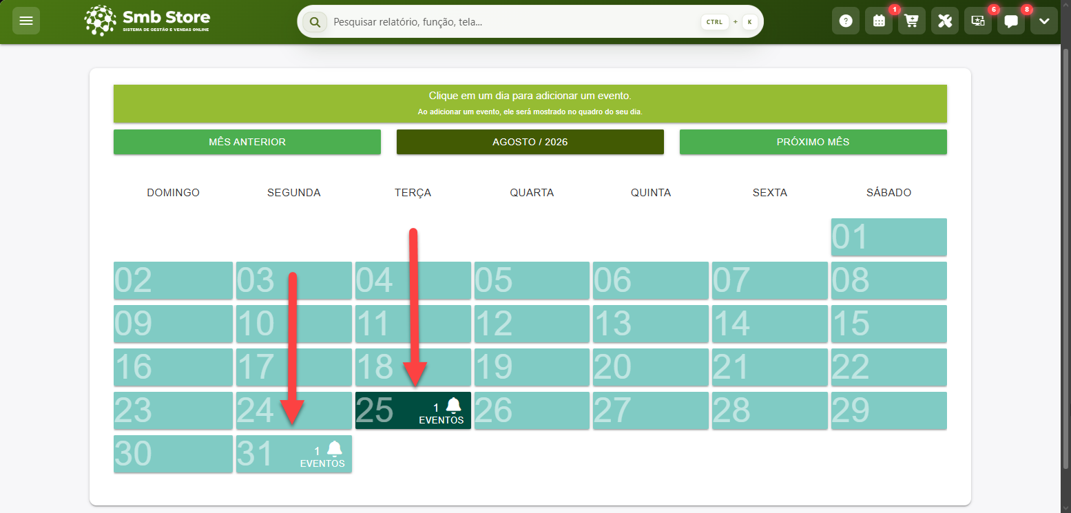 Tela mensal do Calendário/Agenda no SMB Online mostrando os dias com eventos cadastrados e a quantidade de compromissos em cada data.