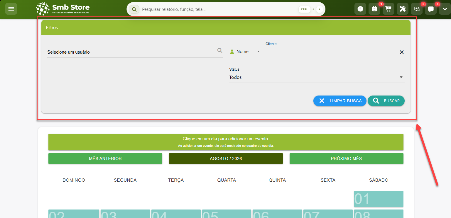 Tela do Calendário/Agenda com a área de filtros aberta, permitindo buscar eventos por usuário, cliente e status.