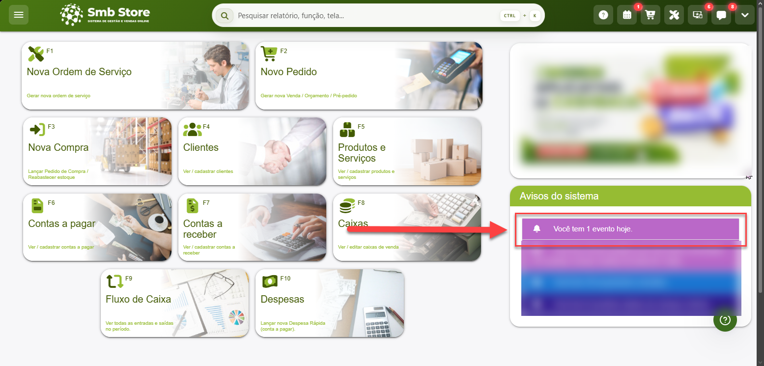 Tela inicial do SMB Online com destaque para o aviso do sistema informando que existe um evento agendado para o dia.