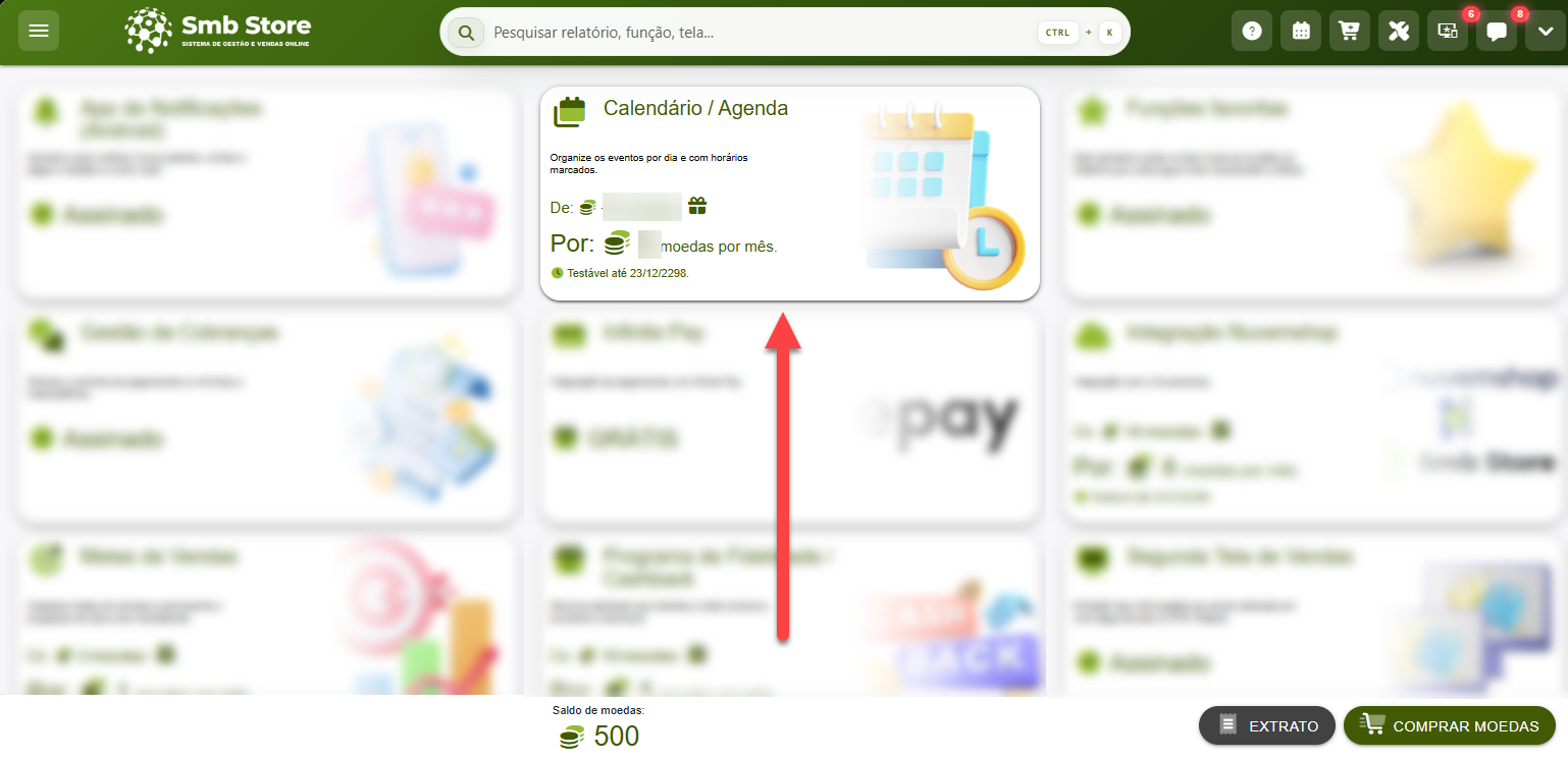 Tela da Loja de Aplicativos do SMB Online com destaque para o aplicativo Calendário/Agenda.
