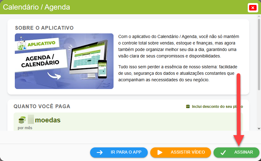 Tela de detalhes do aplicativo Calendário/Agenda no SMB Online, com informações sobre a função e destaque para o botão “Assinar”.