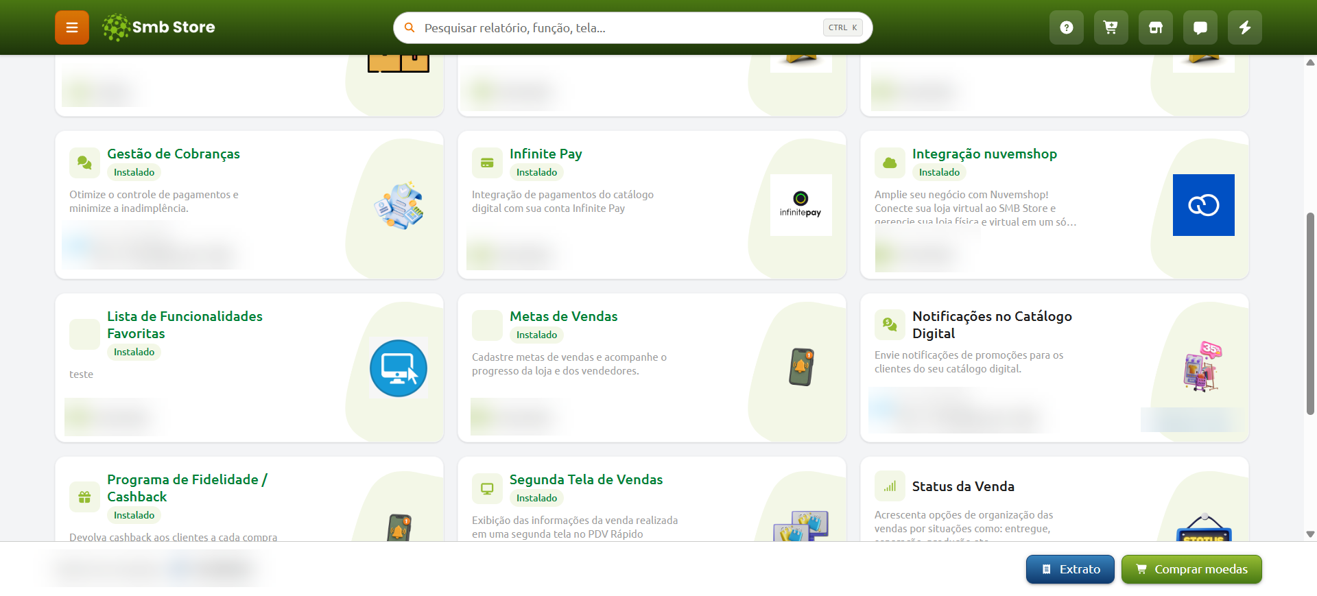 Tela do sistema SMB Store destacando brevemente os aplicativos disponibilizados na loja de aplicativos, em Aplicativos > Loja de aplicativos.