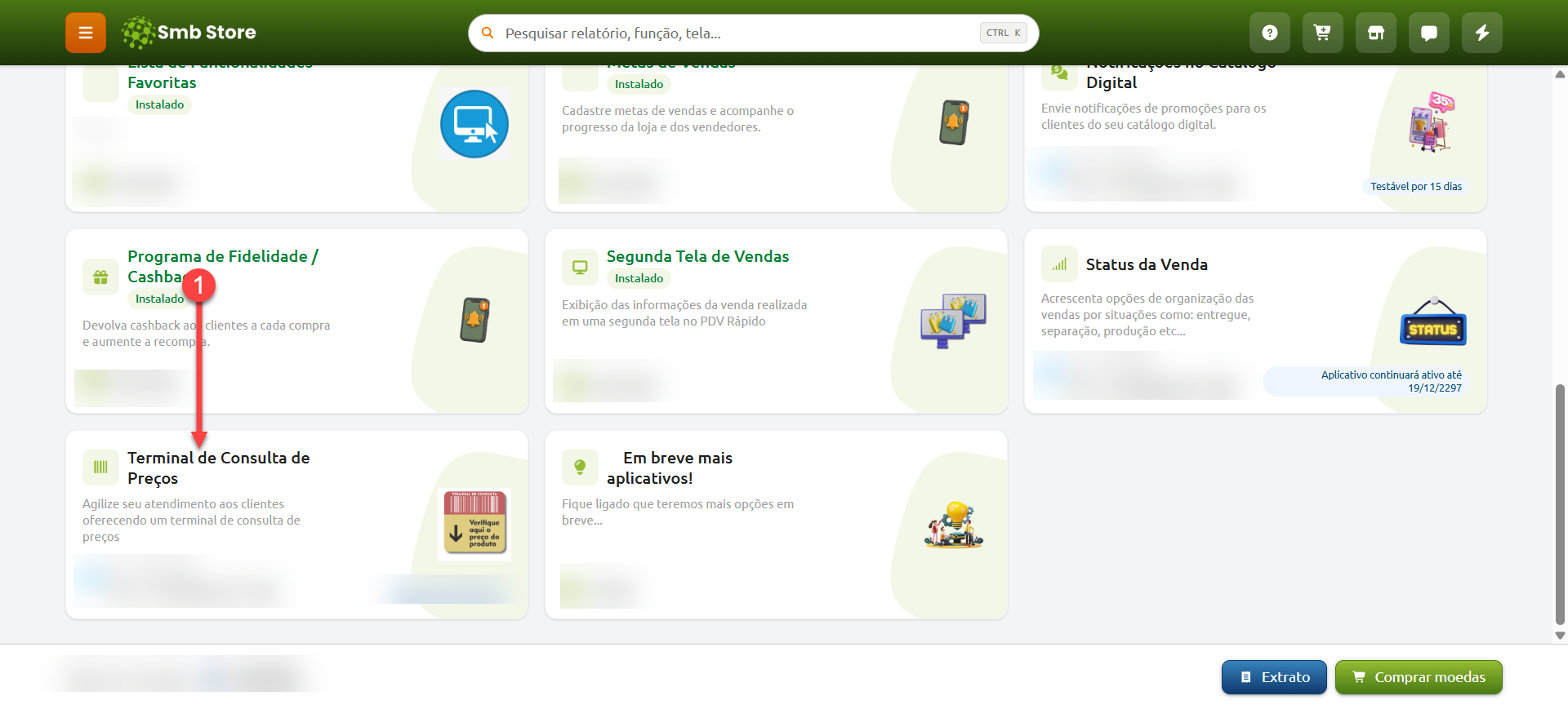 Tela do sistema SMB Store destacando um exemplo de aplicativo, em Aplicativos > Loja de aplicativos.