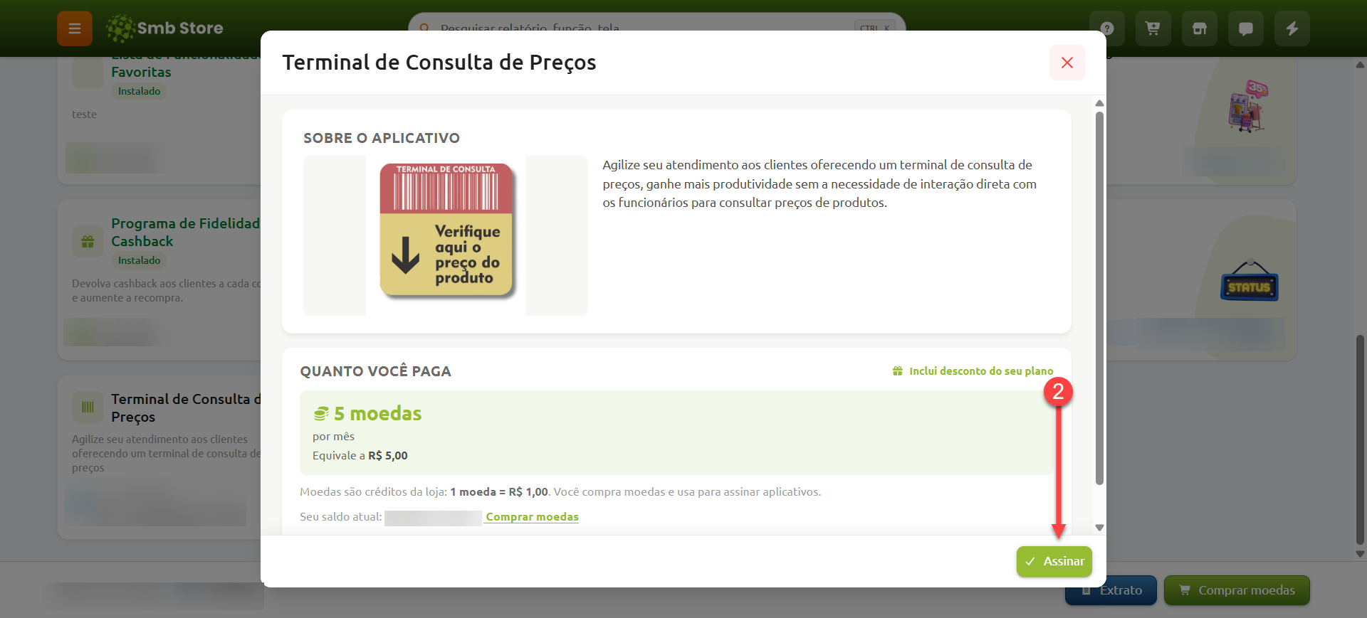 Tela do sistema SMB Store destacando como efetuar a assinatura de um aplicativo, em Aplicativos > Loja de aplicativos.