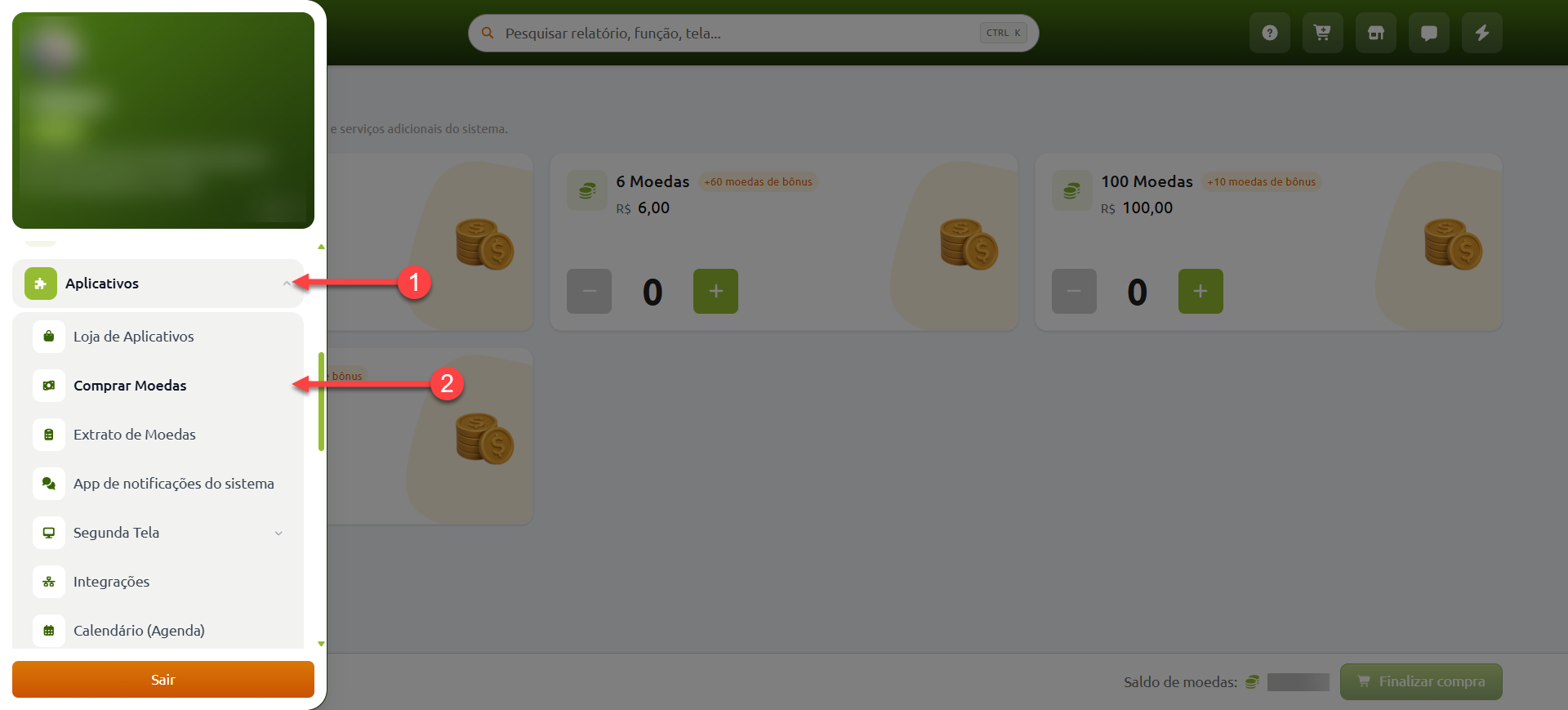 Tela do sistema SMB Store exibindo a tela comprar moedas para a realização da compra de moedas para utilização, em Aplicativos > Comprar moedas.