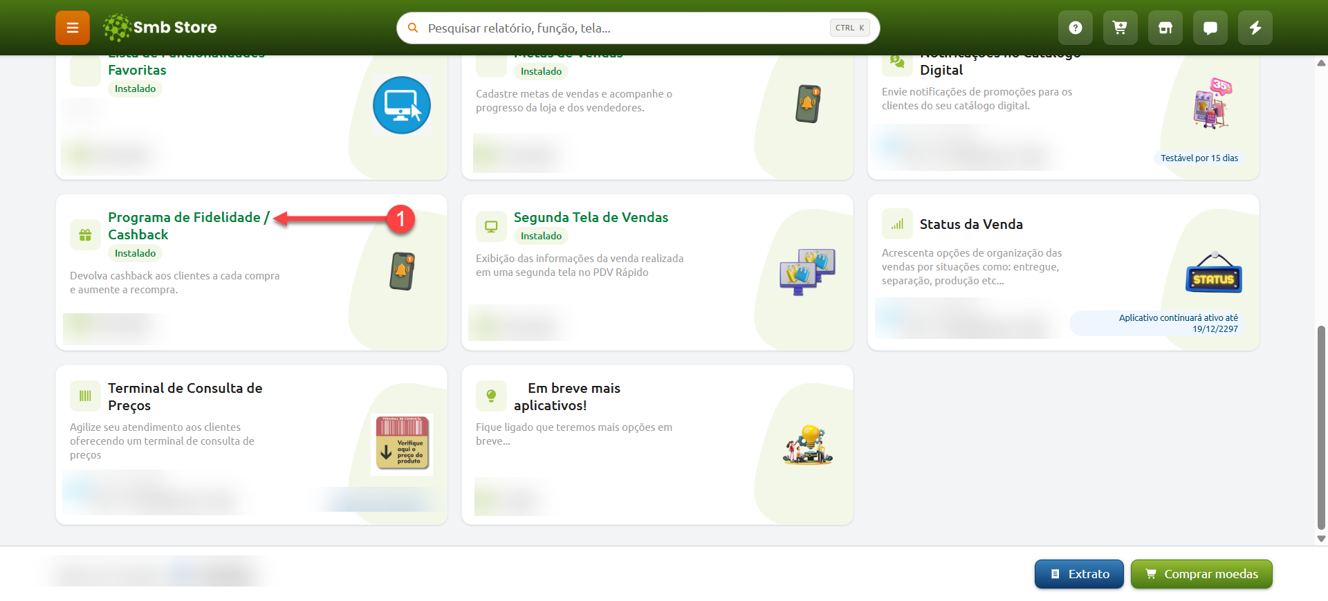 Tela da loja de aplicativos do SMB Store com a busca por “Cashback” e destaque para o aplicativo Programa de Fidelidade e Cashback.