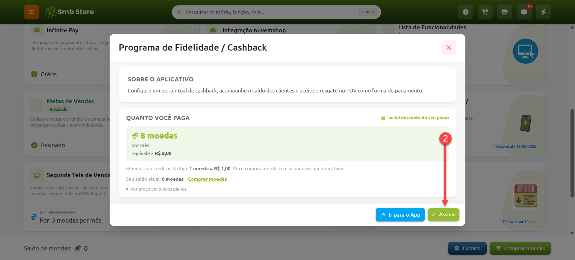 Janela de detalhes do aplicativo de cashback no SMB Store, com descrição do recurso, valores por plano e botão Assinar destacado.