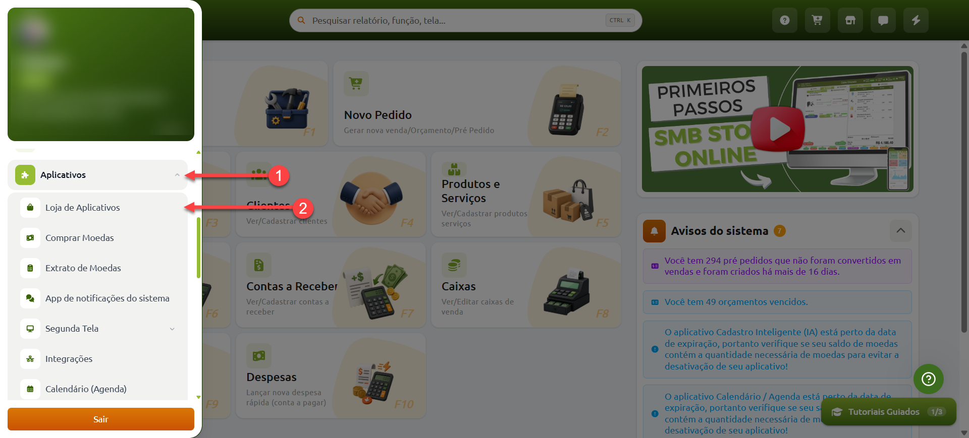 Tela do sistema SMB Store destacando como localizar e acessar a tela referente à loja de aplicativos através do menu lateral, em Aplicativos > Loja de aplicativos.