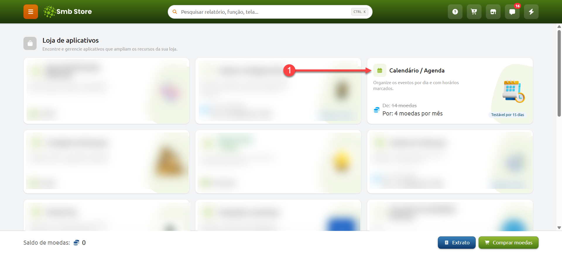 Tela da Loja de Aplicativos do SMB Online com destaque para o aplicativo Calendário/Agenda.