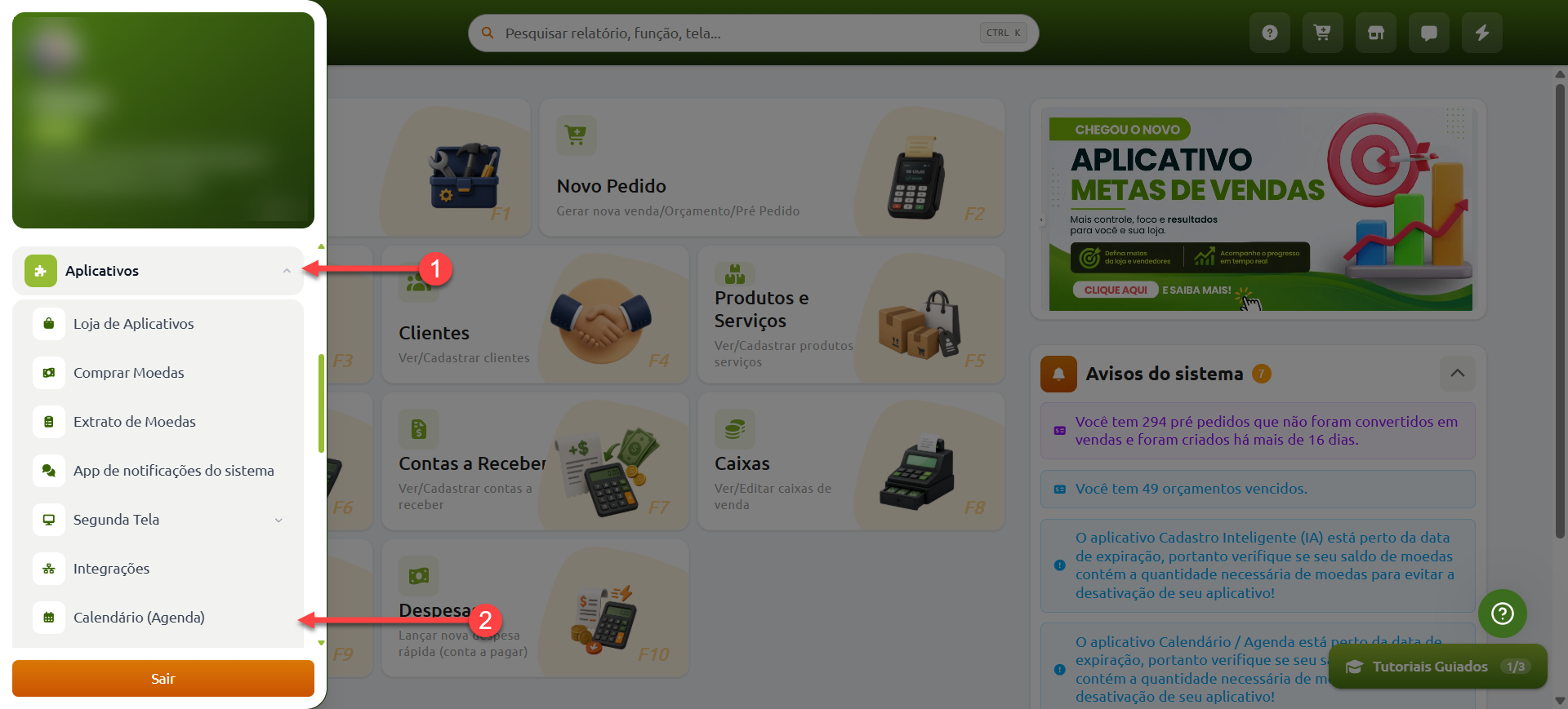 Menu lateral do SMB Online com a seção Aplicativos aberta e destaque para a opção Calendário/Agenda.