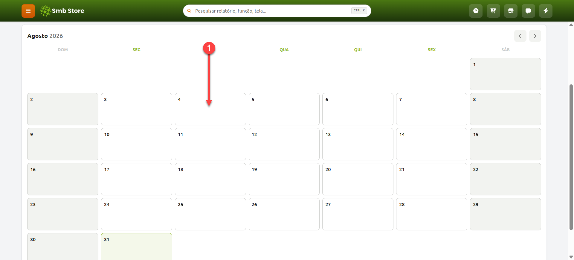 Tela do Calendário/Agenda no SMB Online exibindo o mês atual, indicando uma data para agendamento.
