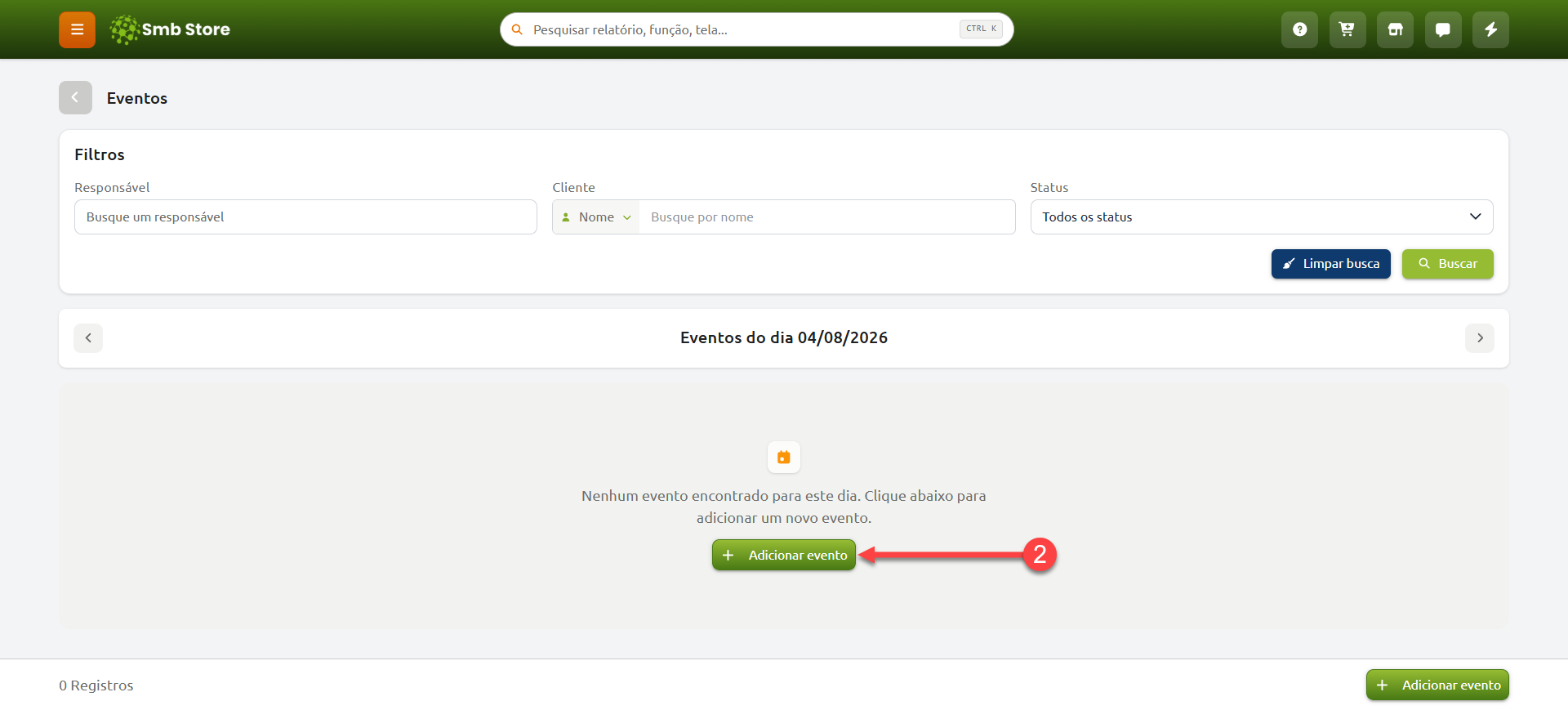 Tela da agenda do SMB Online com os horários do dia exibidos e destaque para adicionar um novo evento em um dos horários e destaque para o botão "Adicionar evento".