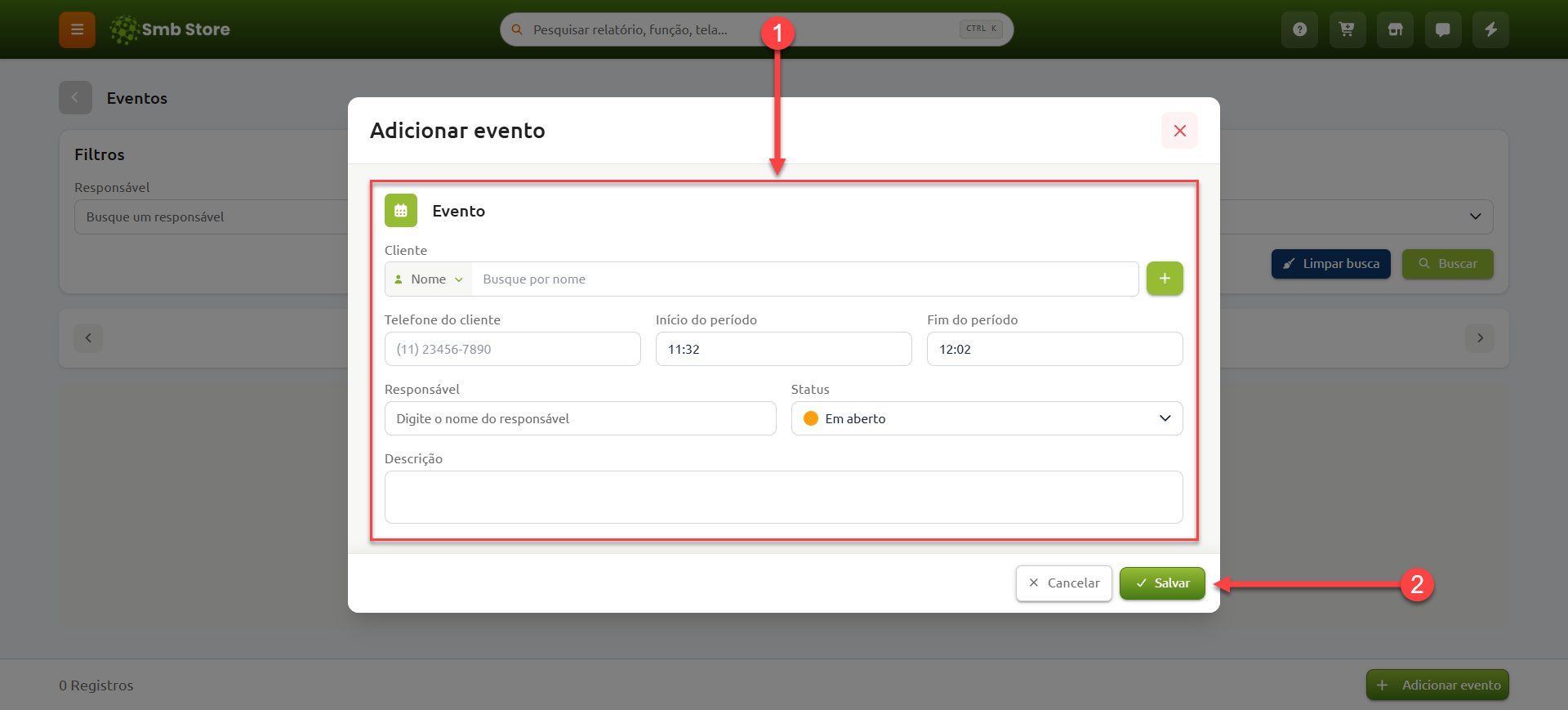 Tela de edição de evento no Calendário/Agenda, com dados do cliente, responsável, horário, descrição e opção para salvar o agendamento.
