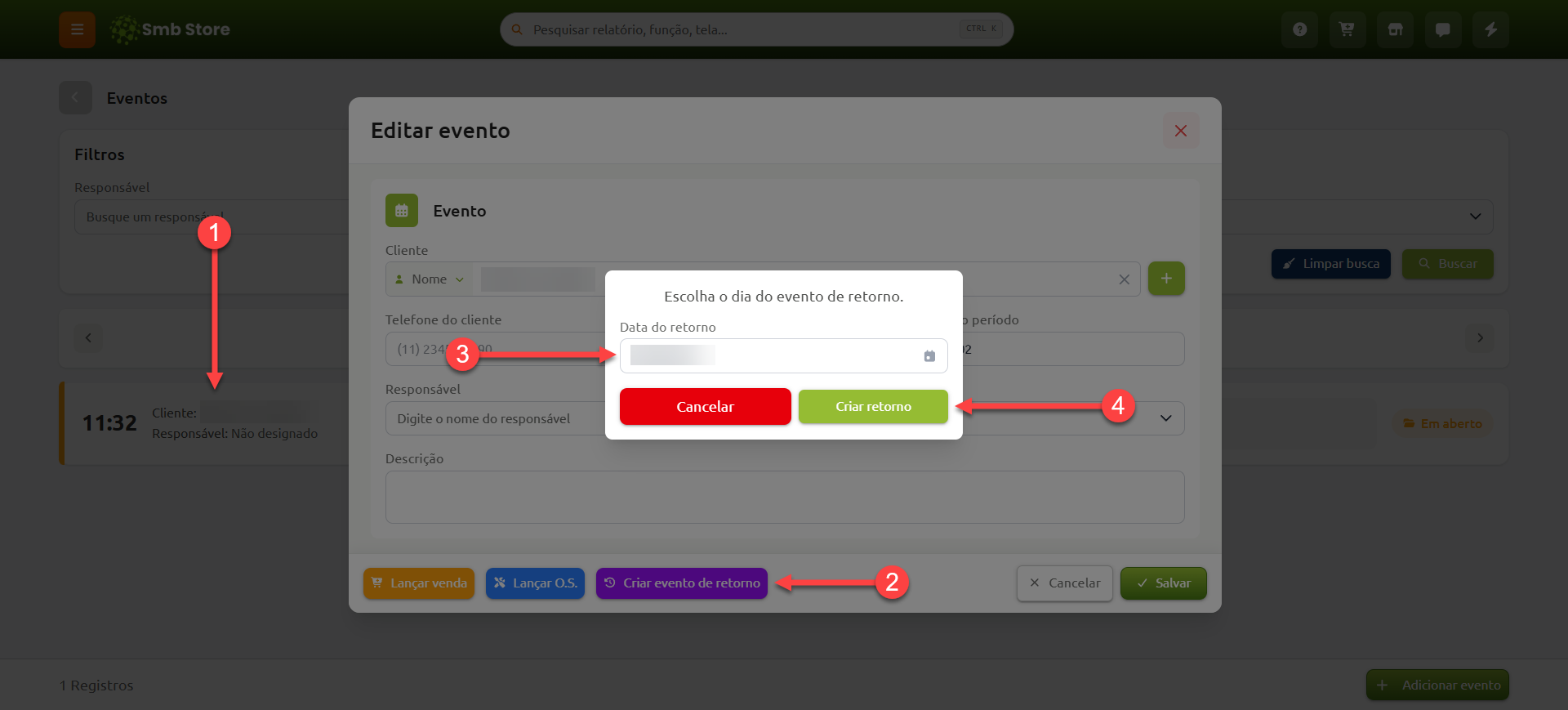 Janela para criar um evento de retorno no Calendário/Agenda, com seleção da nova data e botão para confirmar a criação do evento.