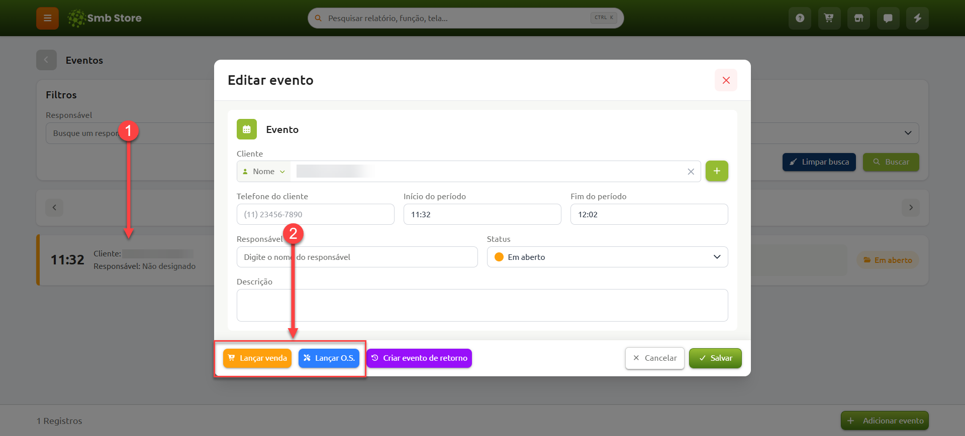 Tela de edição de evento no Calendário/Agenda com destaque para as opções de lançar uma venda ou uma ordem de serviço a partir do agendamento.