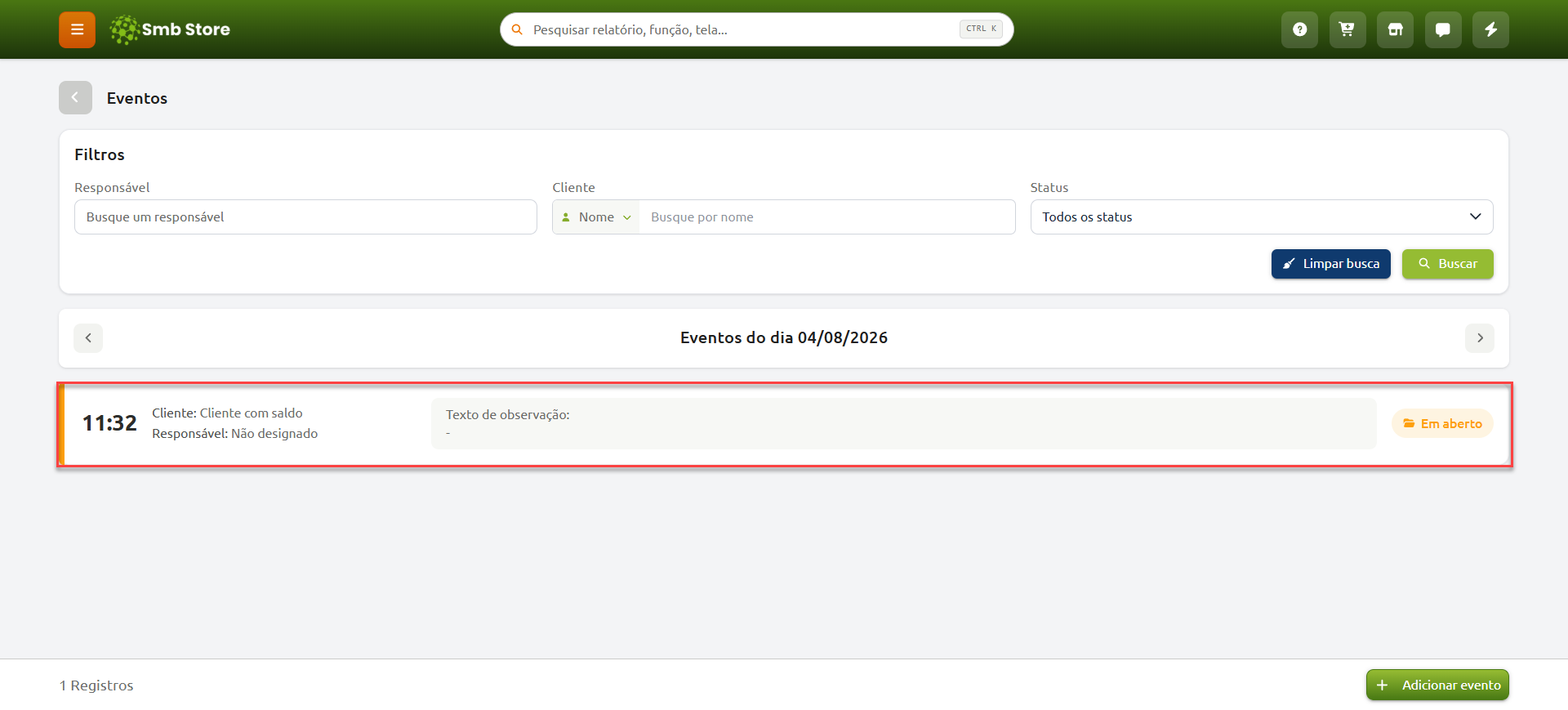 Agenda diária do SMB Online mostrando um evento das 9h às 9h30, com cliente, responsável, descrição e status do atendimento.