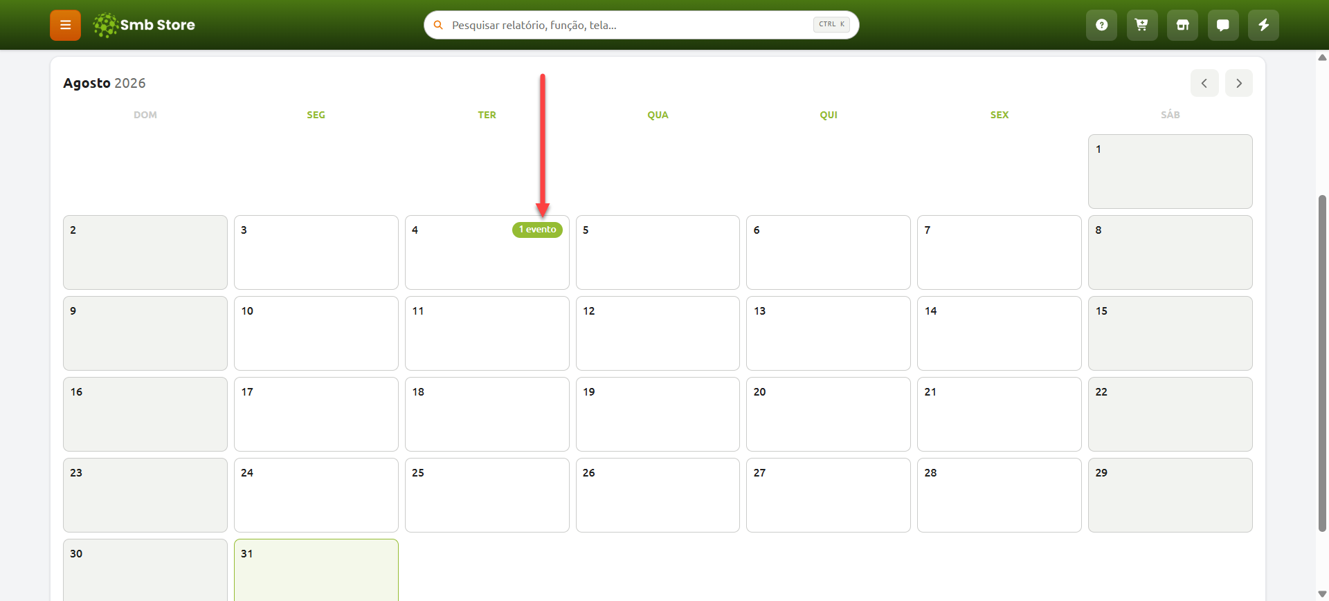 Tela mensal do Calendário/Agenda no SMB Online mostrando os dias com eventos cadastrados e a quantidade de compromissos em cada data.