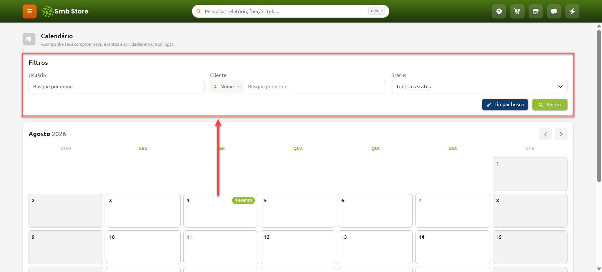 Tela do Calendário/Agenda com a área de filtros aberta, permitindo buscar eventos por usuário, cliente e status.