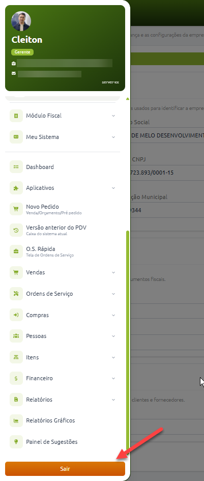 Menu lateral do SMB Store Online com destaque para o botão “Sair”, usado para encerrar a sessão após ativar a verificação em duas etapas.