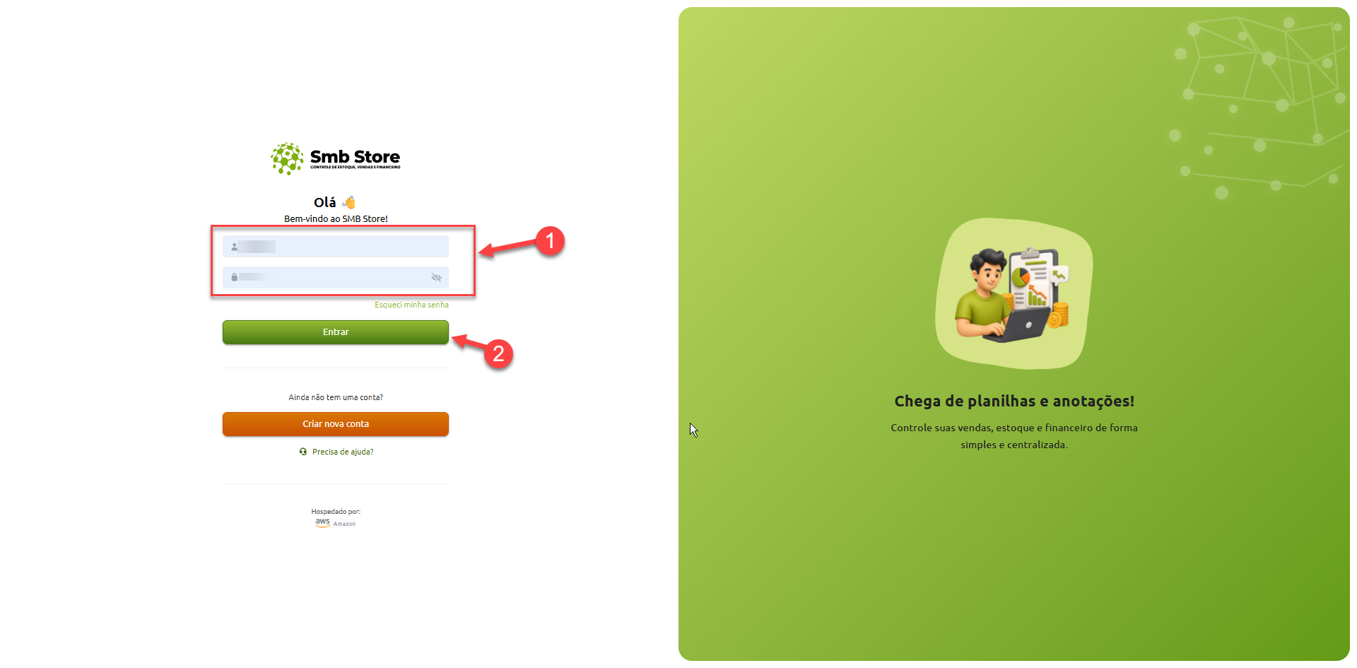 Tela de login do SMB Store Online com campos de e-mail e senha preenchidos e o botão “Entrar” destacado.