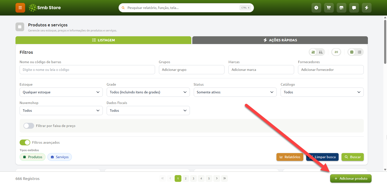 Tela de produtos e serviços do sistema com opções de filtros de busca e destaque indicado por uma seta para o botão de adicionar produto no canto inferior direito.