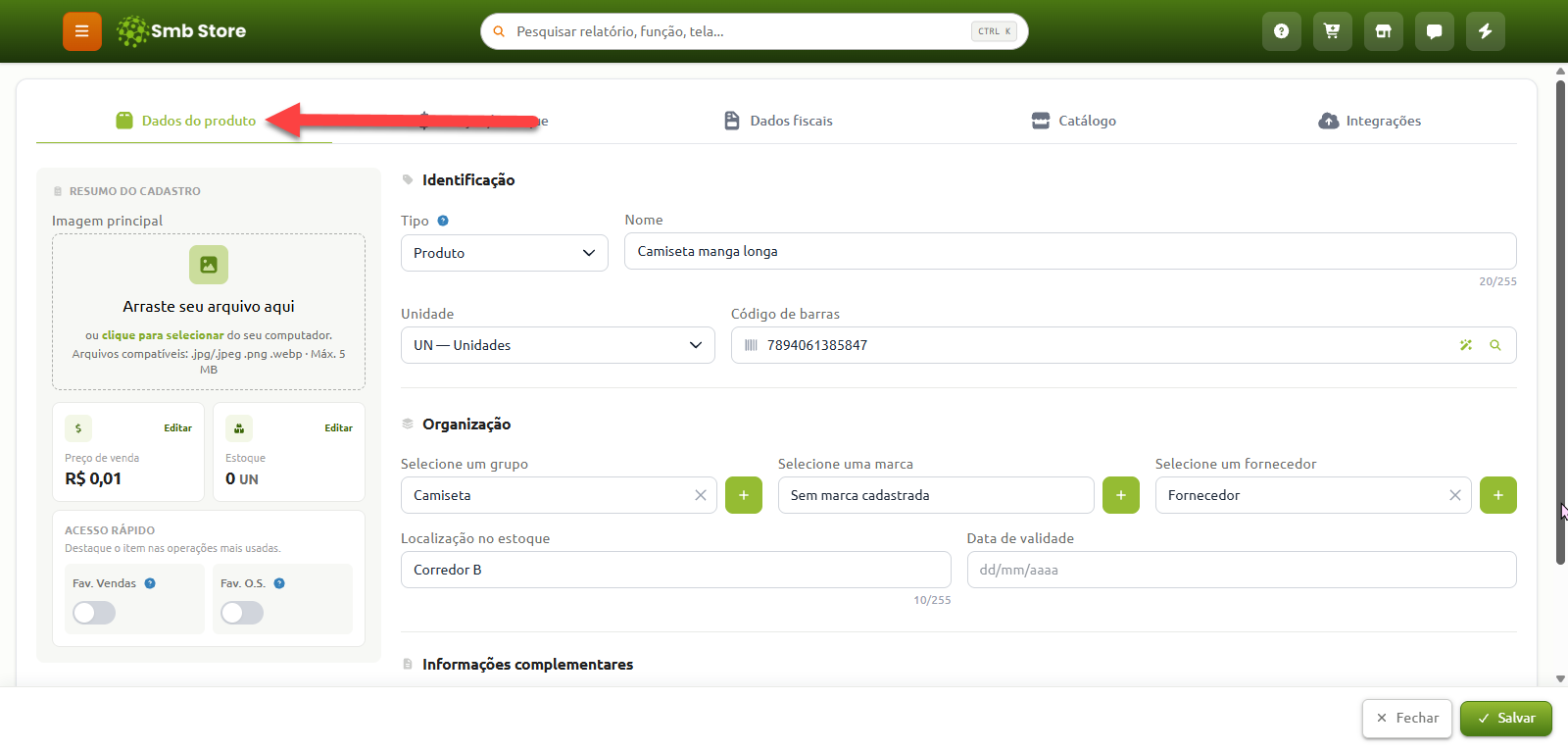 Tela de cadastro de itens no Smb Store, destacando a aba Dados do produto com campos para identificação, organização, imagem principal, preço e estoque.