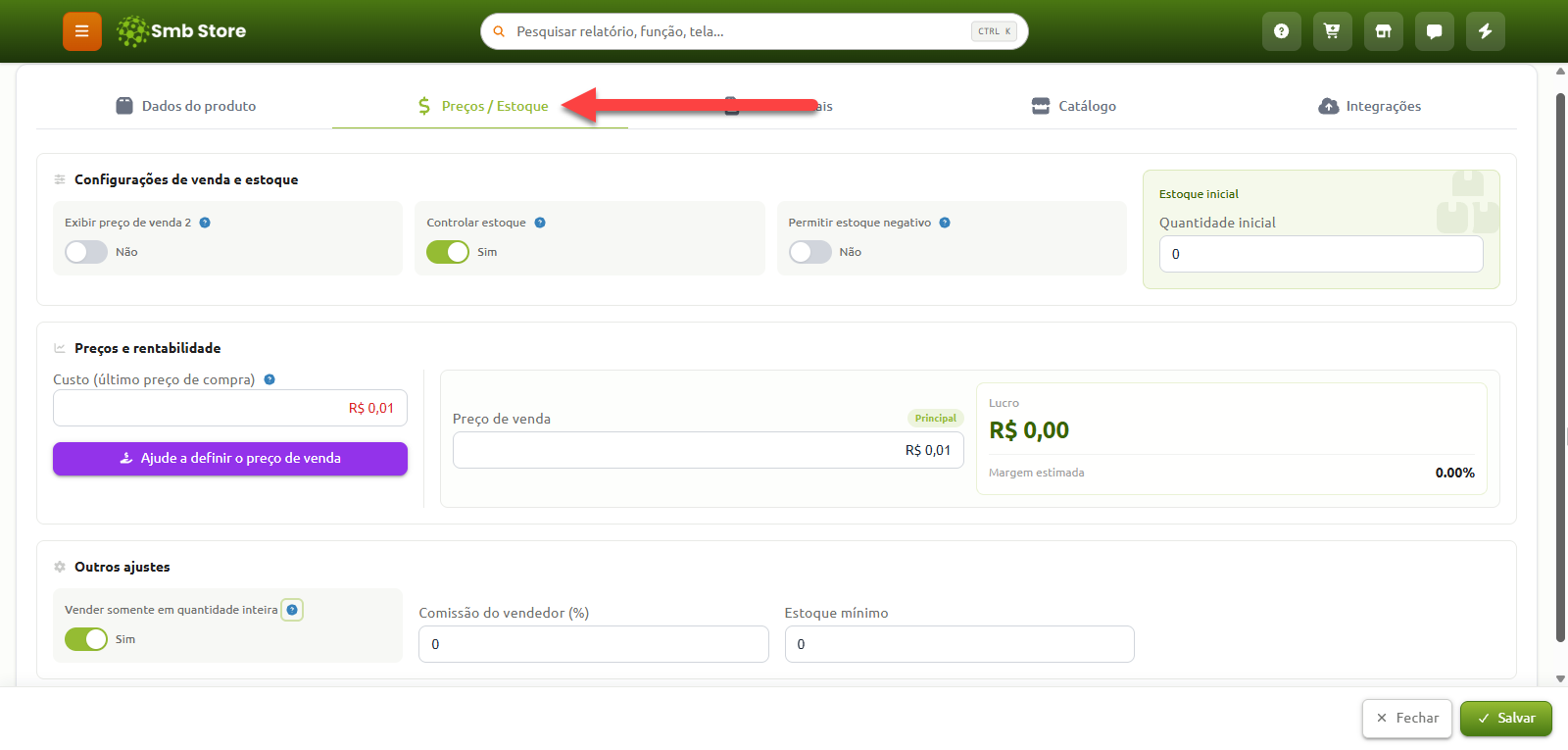 Tela do Smb Store na aba Preços e Estoque do cadastro de produto, com opções para configuração de controle e quantidade inicial de estoque, definição de custos, preço de venda, margem de lucro, comissão do vendedor e estoque mínimo.