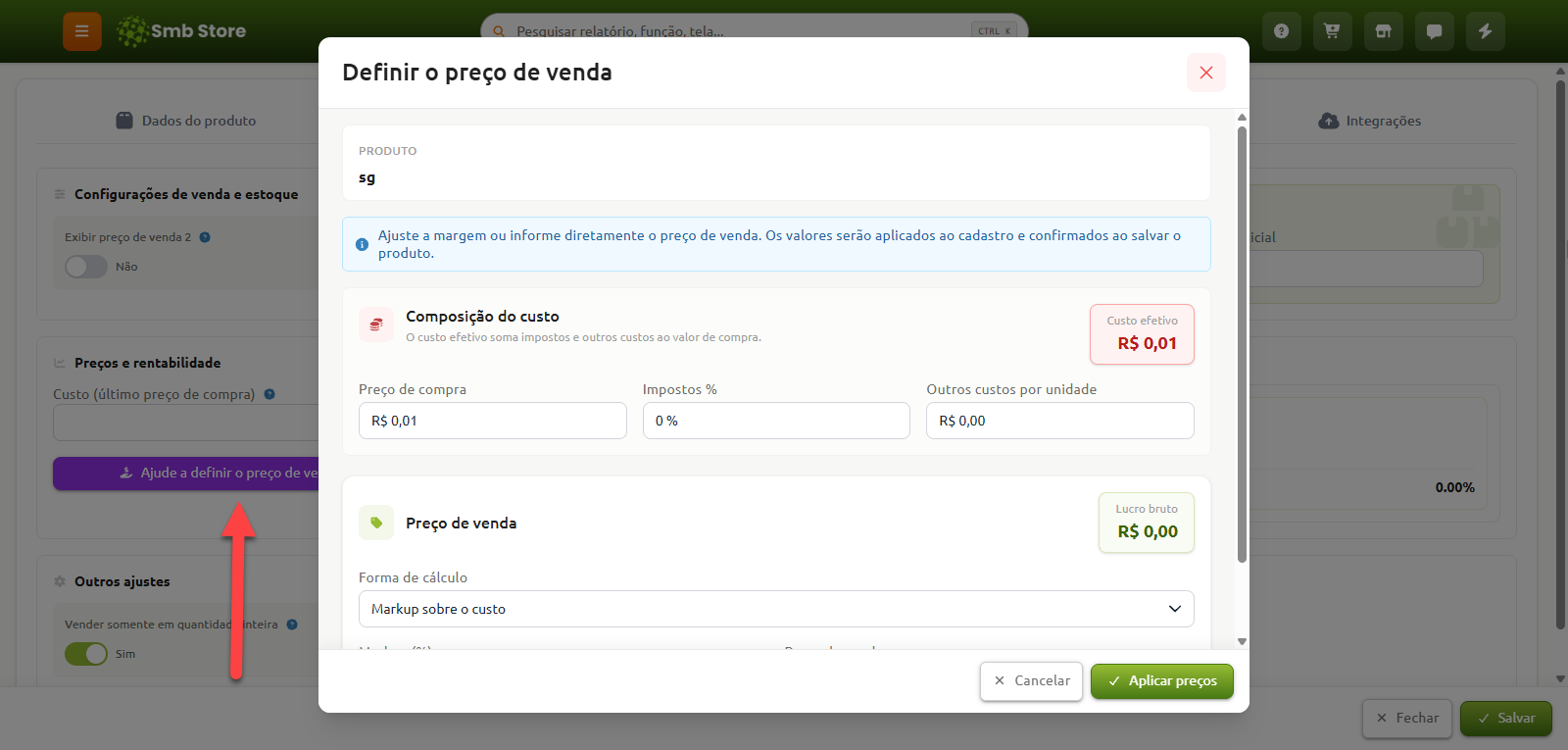 Janela de definição do preço de venda sobreposta à tela de cadastro do produto, exibindo campos para composição do custo, cálculo de margem e preço final.