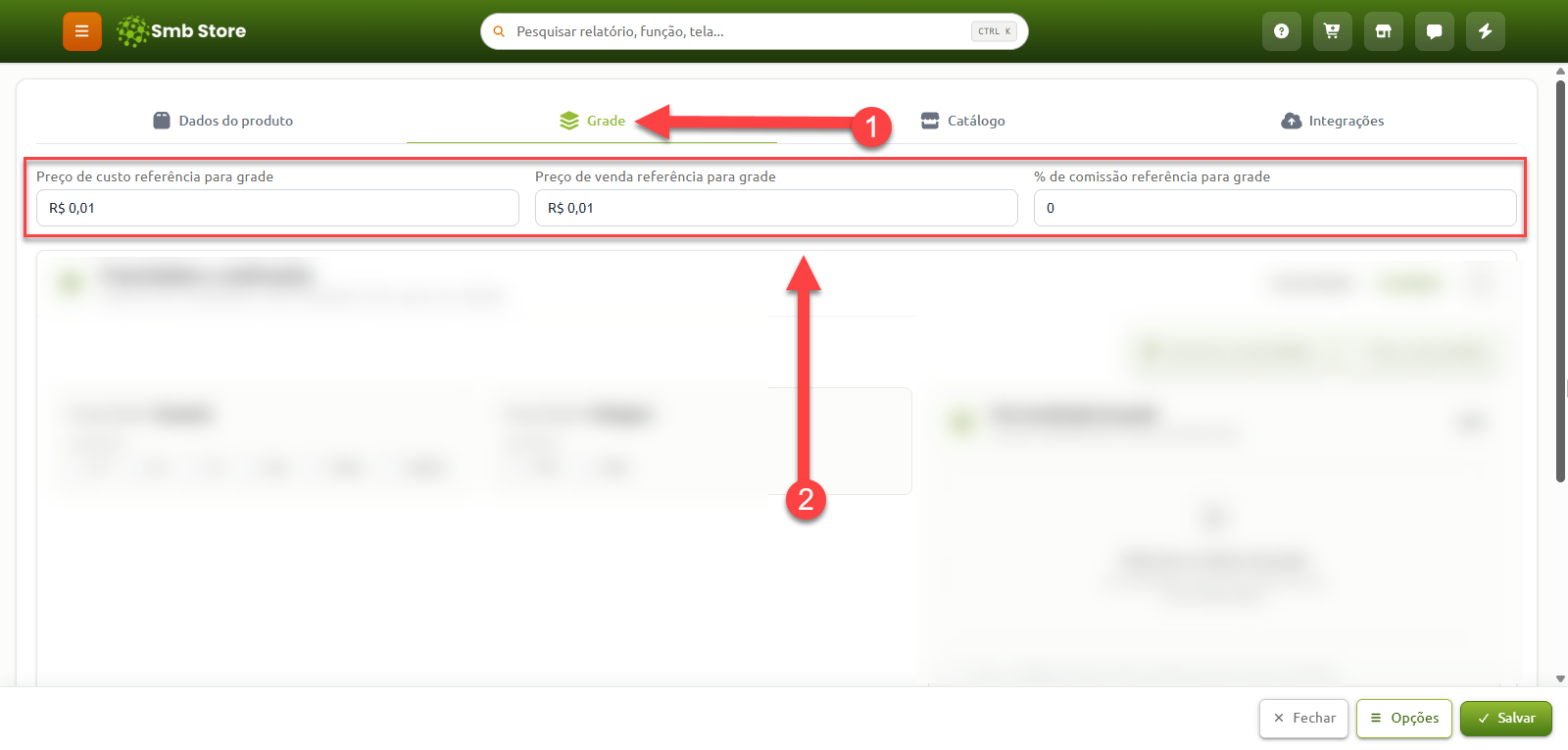 Tela do Smb Store na aba Grade do cadastro de produto, destacando os campos para definir o preço de custo, preço de venda e a porcentagem de comissão de referência para a grade.