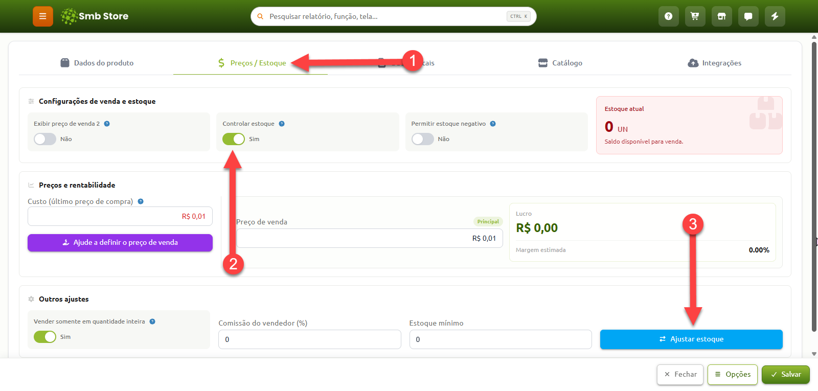 Tela de cadastro de produto no Smb Store, destacando o passo a passo para gerenciar o estoque: acessar a aba Preços / Estoque (1), ativar a opção Controlar estoque (2) e clicar no botão Ajustar estoque (3).