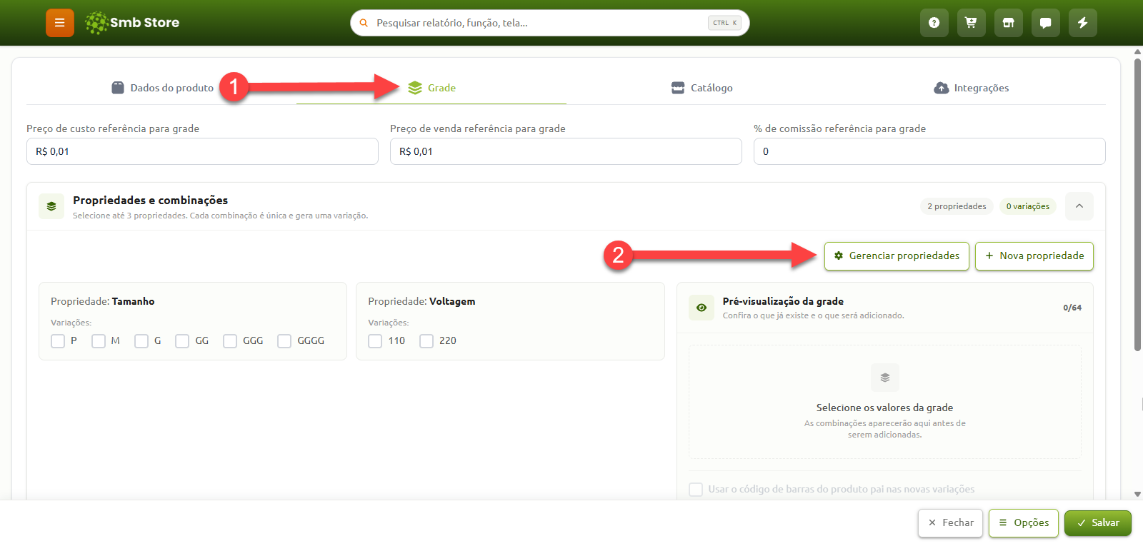 Tela de cadastro de produto no sistema Smb Store na aba Grade, destacando a navegação inicial para a aba e a opção Gerenciar propriedades para configurar as variações do item.