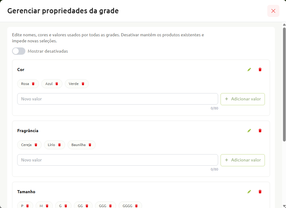 Janela de gerenciamento de propriedades da grade de produtos, com opções para editar, excluir e cadastrar novos valores em atributos como cor, fragrância e tamanho.
