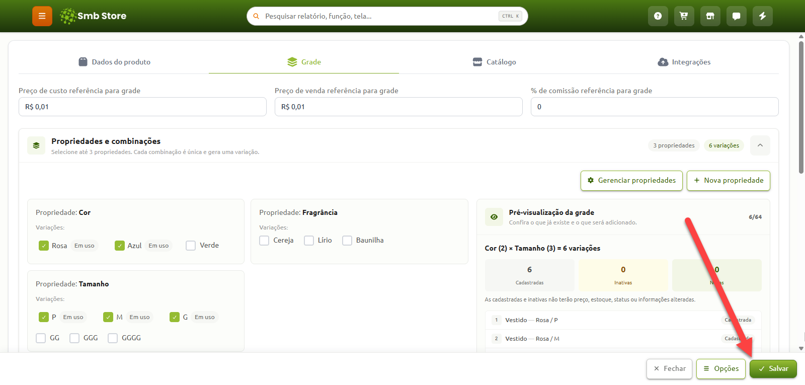 Tela de configuração de grade de produto no Smb Store, exibindo a seleção de propriedades e combinações com pré-visualização das variações geradas, destacando o botão Salvar.