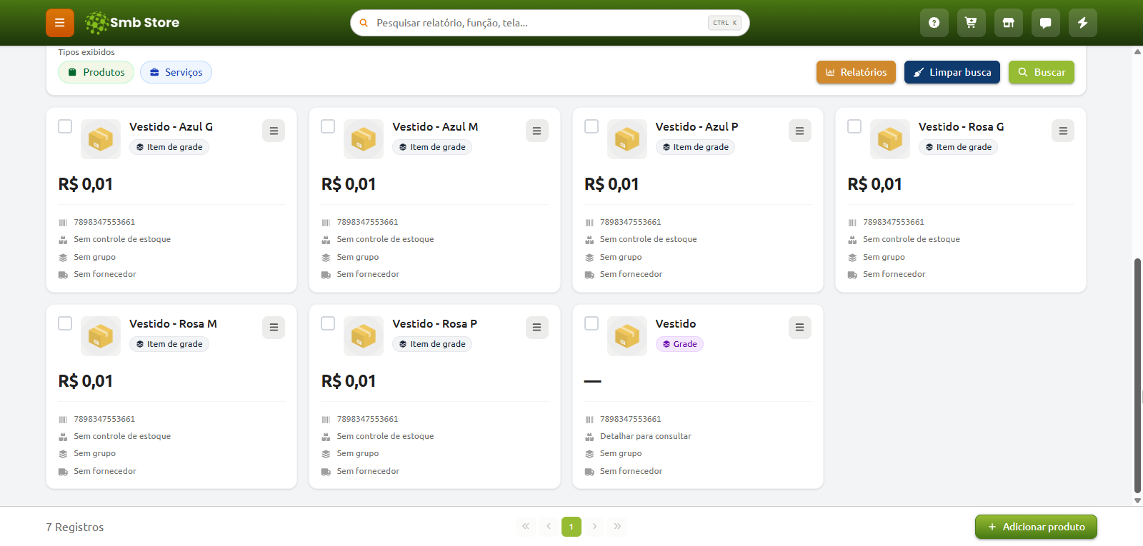 Tela de listagem de produtos no Smb Store exibindo cartões de itens cadastrados com variações de grade, preços e informações de estoque, além de botões para busca, relatórios e adição de novos produtos.