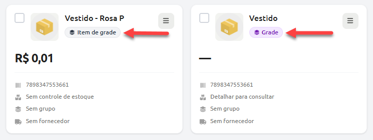 Comparação entre dois cards de cadastro de produtos no sistema, destacando as etiquetas de identificação de um produto variação, rotulado como "Item de grade", e do produto principal, rotulado como "Grade".