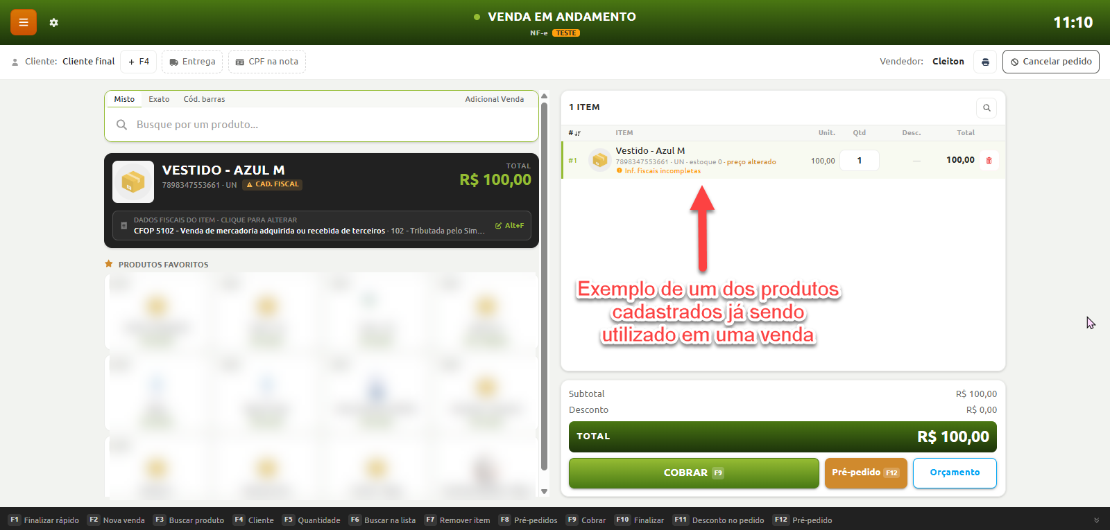 Tela do ponto de venda em andamento, exibindo a inclusão de um produto cadastrado na lista de itens da compra, com quantidade, valores e opções para cobrança da venda.