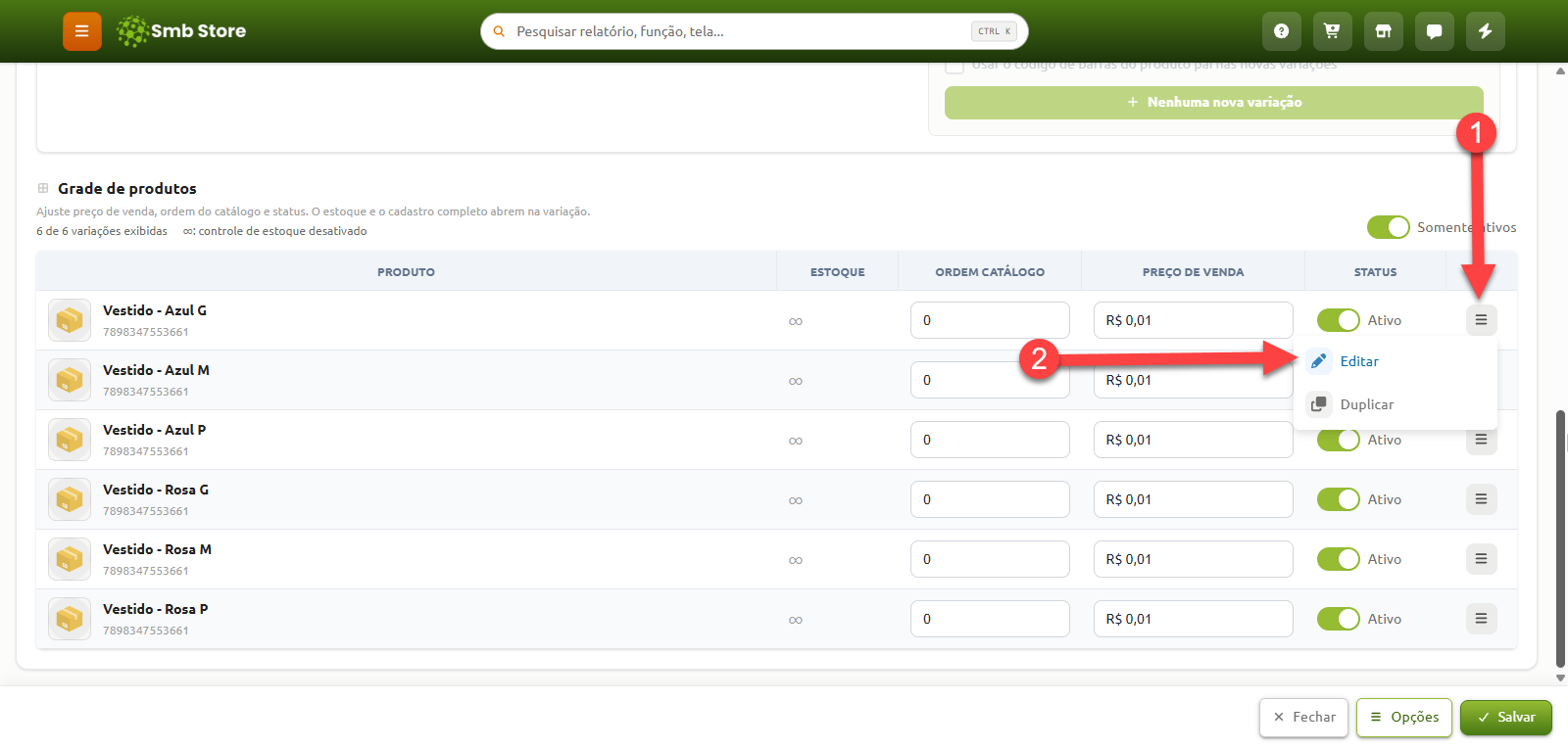 Tela de grade de produtos no Smb Store com instruções numeradas indicando a abertura do menu de ações na primeira variação e a seleção da opção "Editar".