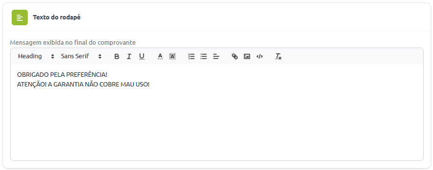Tela do sistema SMB Store na seção “Parâmetros de Impressão”, exibindo a configuração de texto do rodapé, utilizada para personalizar a mensagem exibida nas notas de venda.